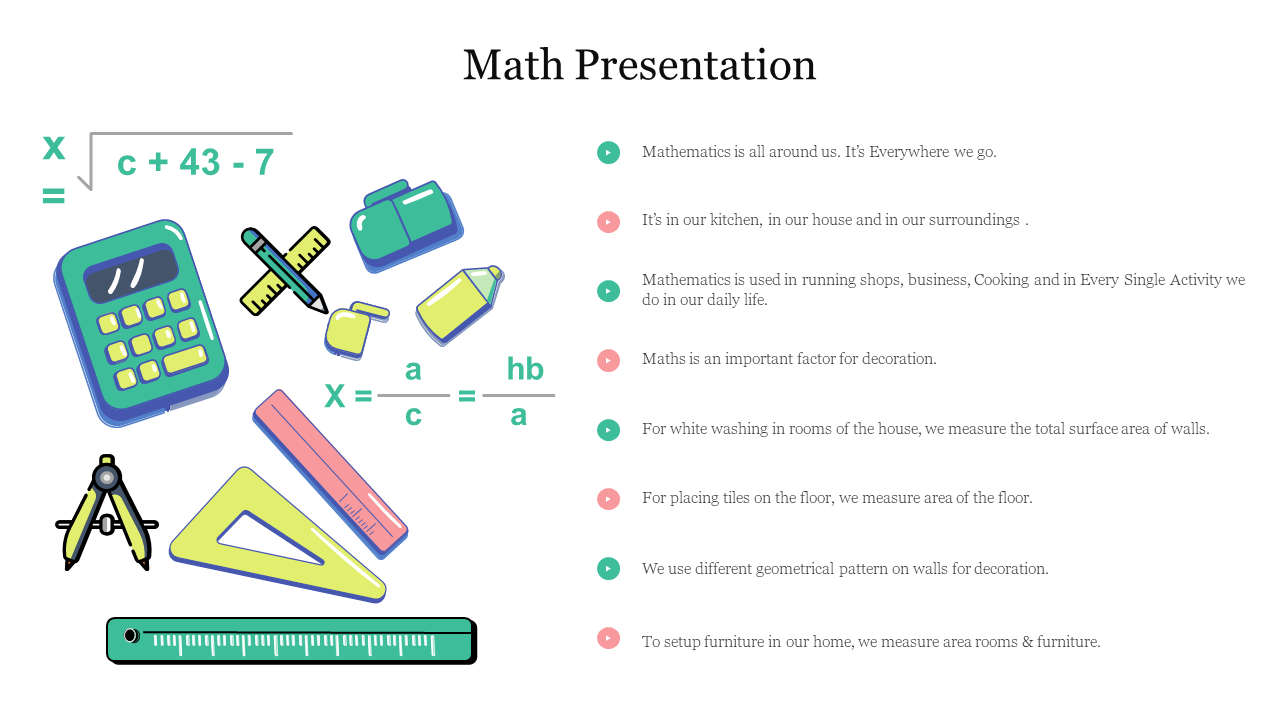 Math slide illustrating colorful geometric tools and formulas, emphasizing the everyday use of mathematics in activities.