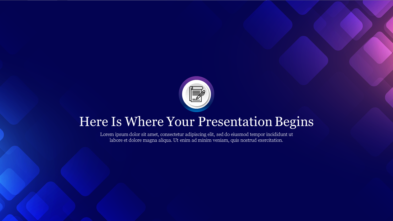 Blue and purple gradient background with glowing squares and center text featuring an icon of a document and pen.