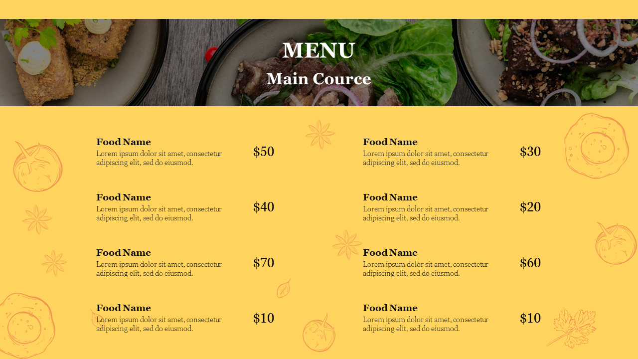 Restaurant menu slide featuring main course dishes with prices ranging from $10 to $70 with text area on a yellow backdrop.