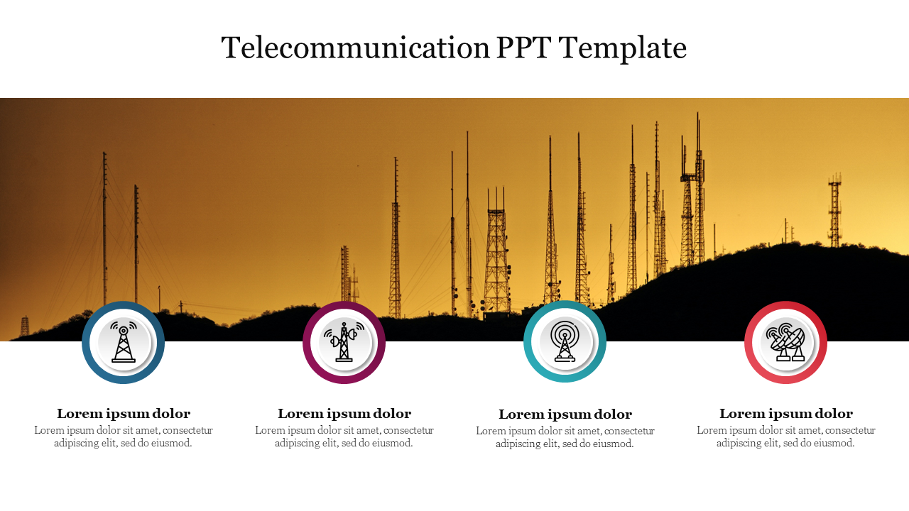 silhouette of telecommunication towers on a hill at sunset, with four colored icons and text below.