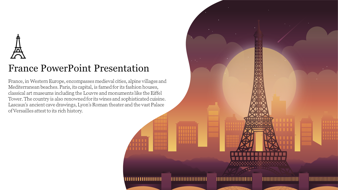 France presentation slide with an illustrated Eiffel Tower and text about French history and attractions.