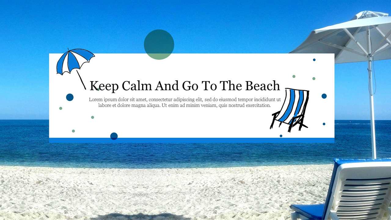 A relaxing beach layout with a white central box featuring a blue umbrella and chair on a sandy shoreline background.