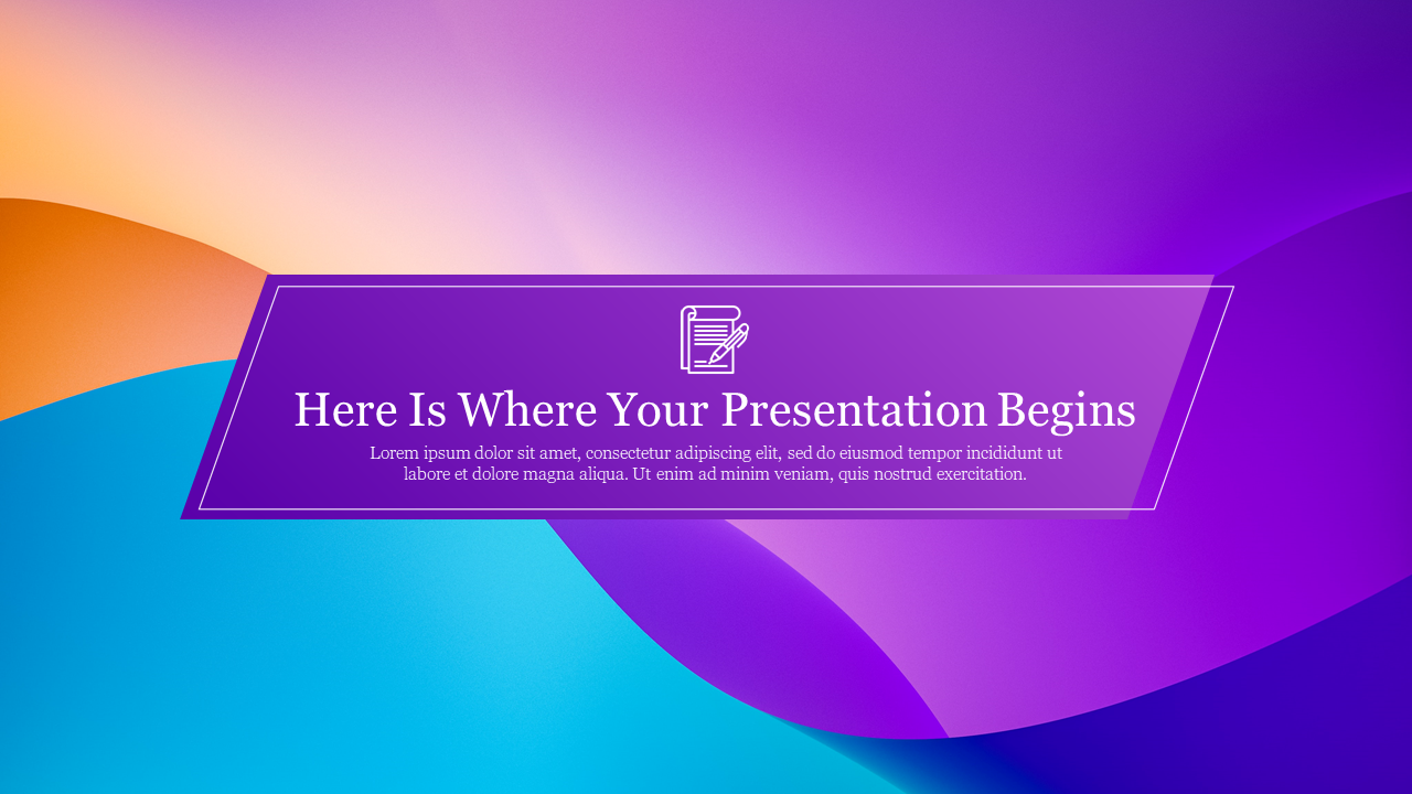 A colorful gradient PowerPoint slide background in purple, orange, and blue, with a header box at the center.