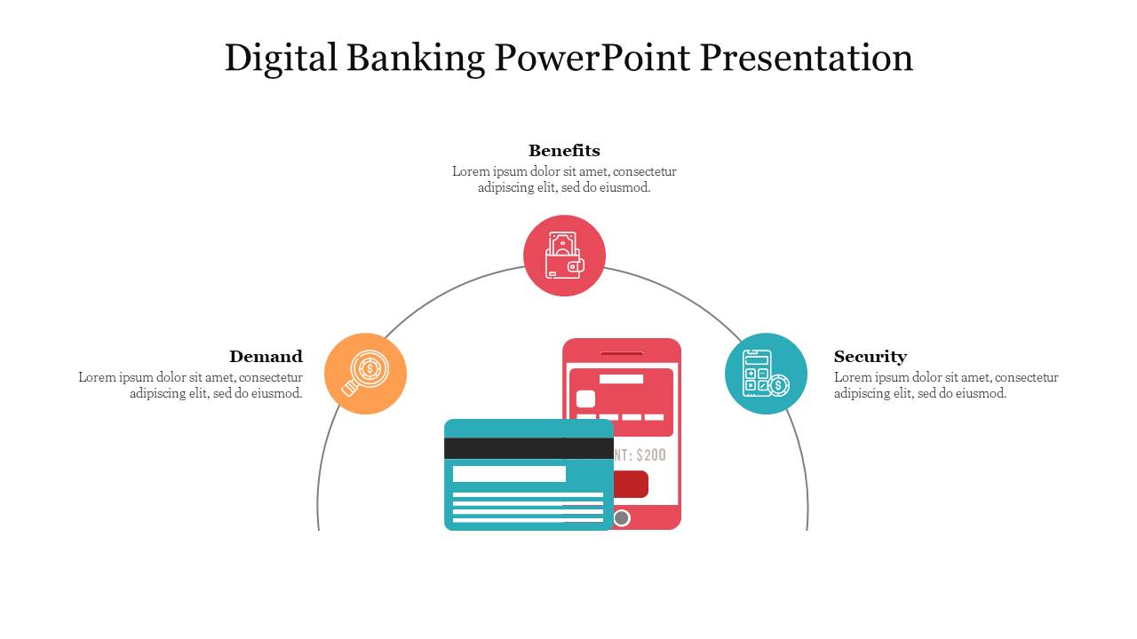 Digital banking icons arranged in a semicircle around a mobile and credit card graphic labeled with caption areas.