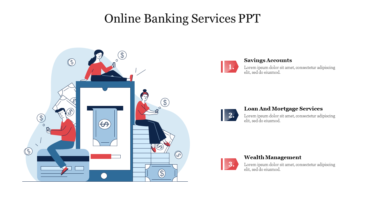 Online banking illustration with stacks of cash, featuring icons for savings accounts, loans, and wealth management.