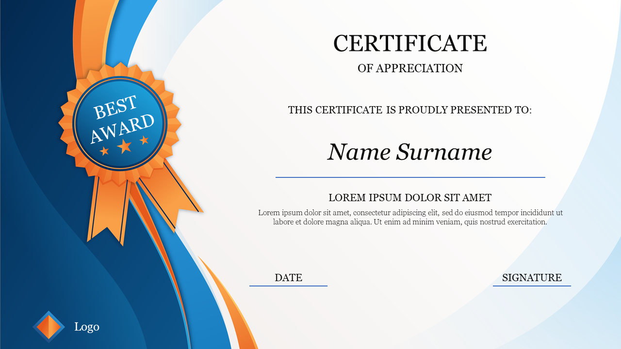 Elegant student certificate template showcasing a blue and orange award emblem, with placeholders for recipient details.