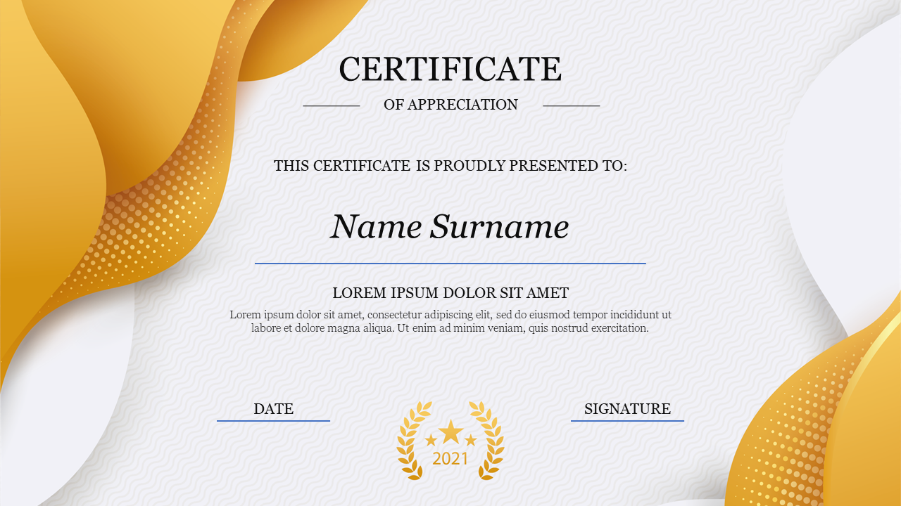 Certificate of appreciation slide with golden ribbon design, space for recipient’s name, date, and signature.