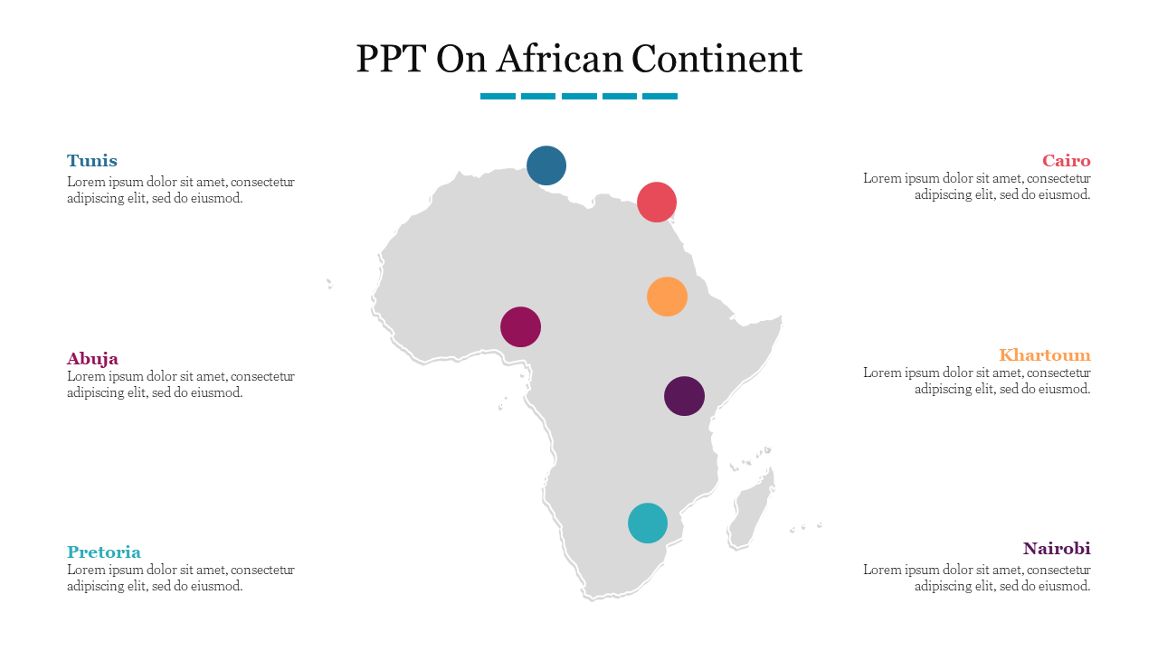 Central gray map of Africa, with six colored dots marking key cities, with names and text aligned around it.