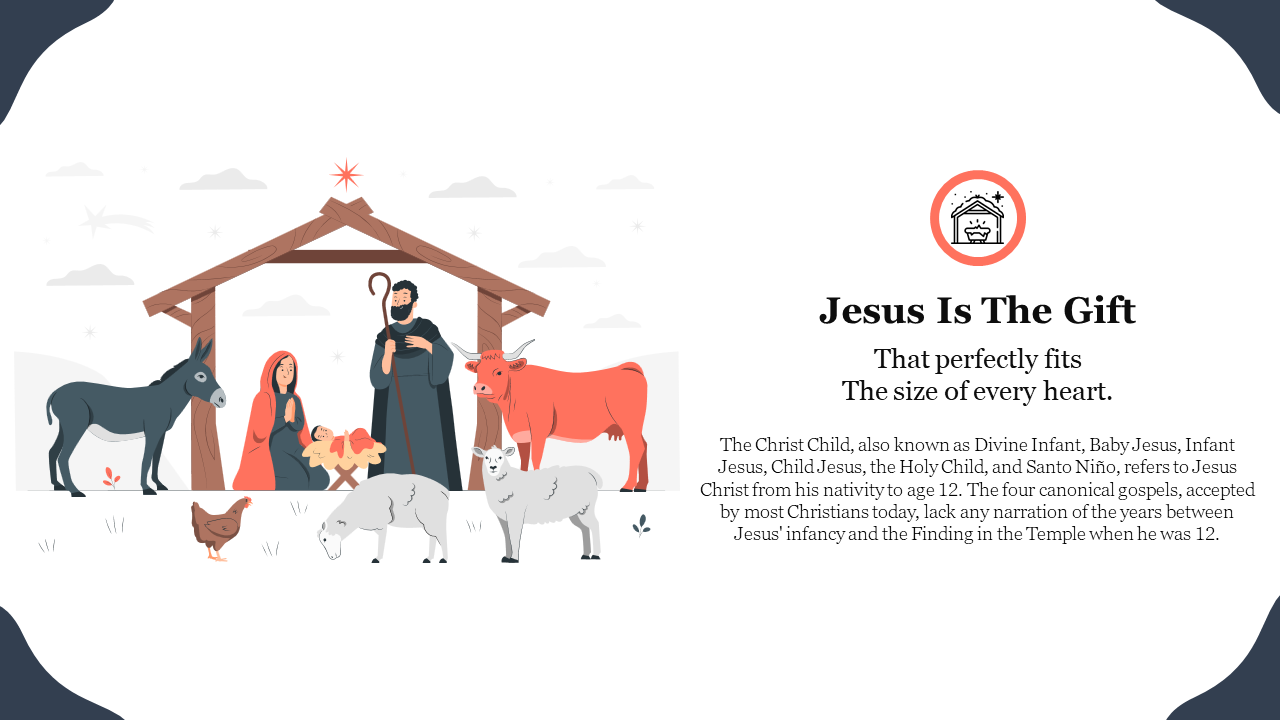 Nativity scene with Mary, Joseph, baby Jesus, and animals, alongside text about Jesus as a gift.