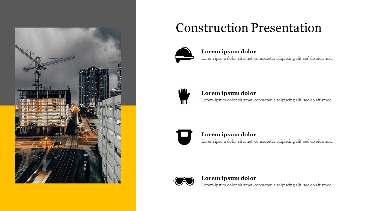 A PowerPoint slide with icons for safety gear like a helmet, gloves, and goggles, alongside an urban construction background.