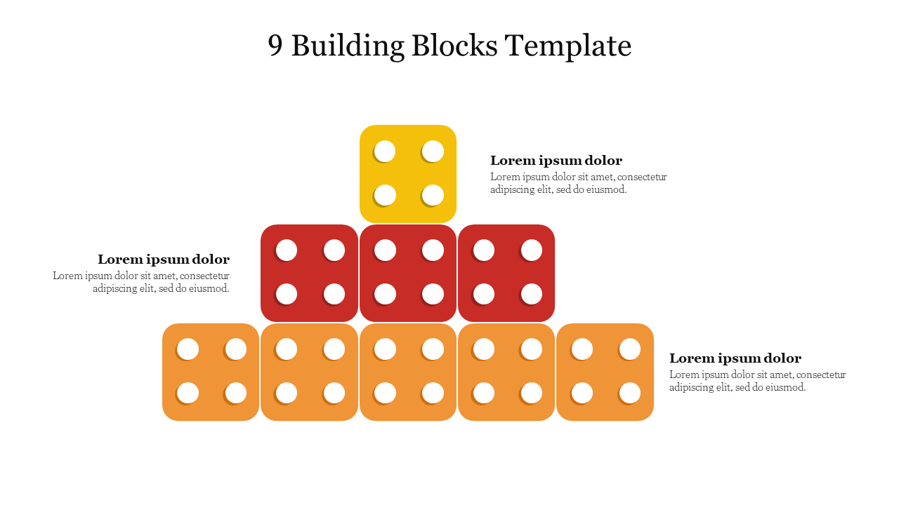 Pyramid of nine colorful blocks in orange, red, and yellow, representing building block concepts with accompanying text.