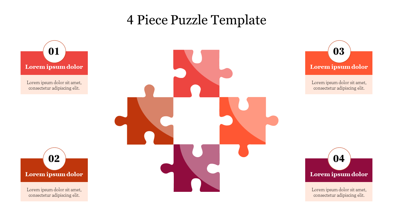 Puzzle template with four interlocking pieces in varying shades of red and purple, surrounded by numbered labels.