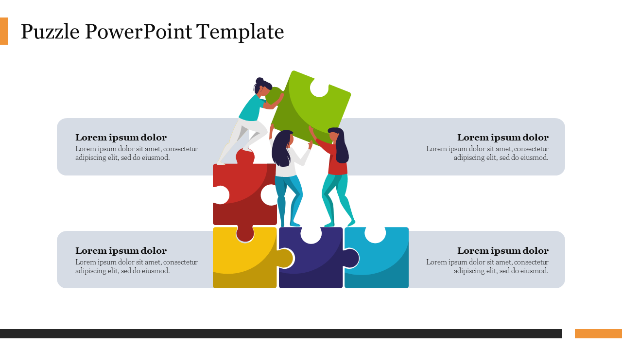 Colorful puzzle pieces stacked in two rows and three figures placing the top piece, with four text boxes on each side.