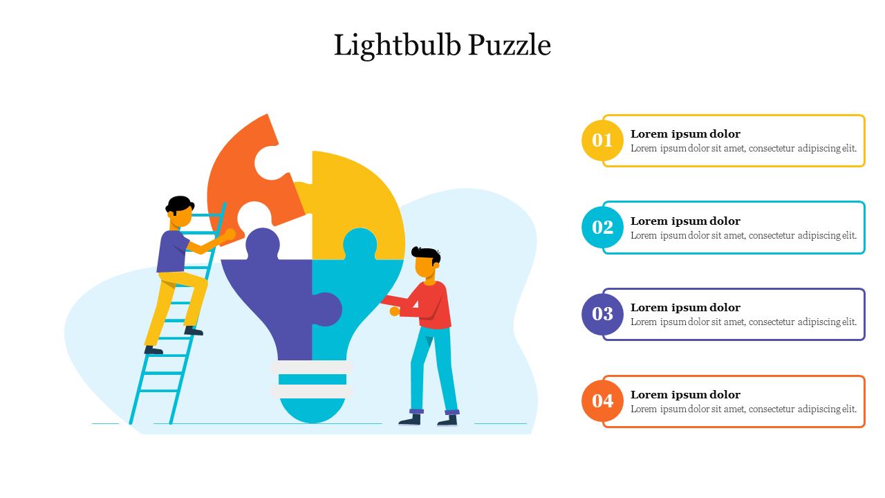 Graphic depicting a lightbulb made of colorful puzzle pieces, with two people working together and four placeholder text.