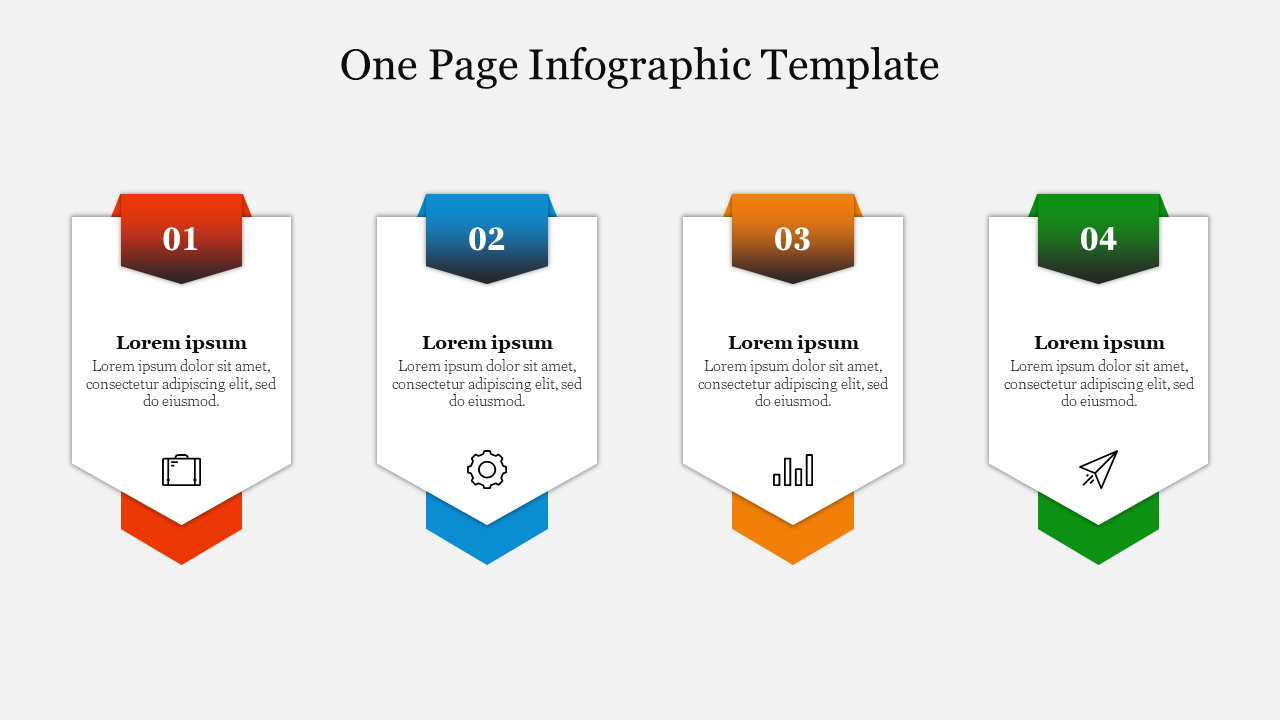 One page Infographic featuring four vertical banners with icons and placeholder text in numbered sequence.