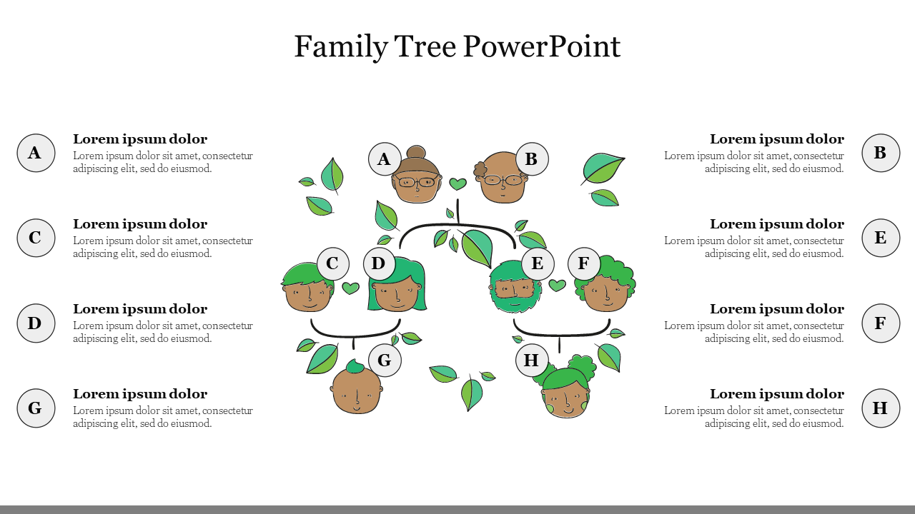 Illustrated family tree template with eight family members and space for descriptive text beside each individual.