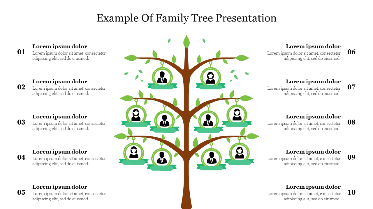 A family tree illustration with profile icons on branches, numbered sections for caption areas on both sides.