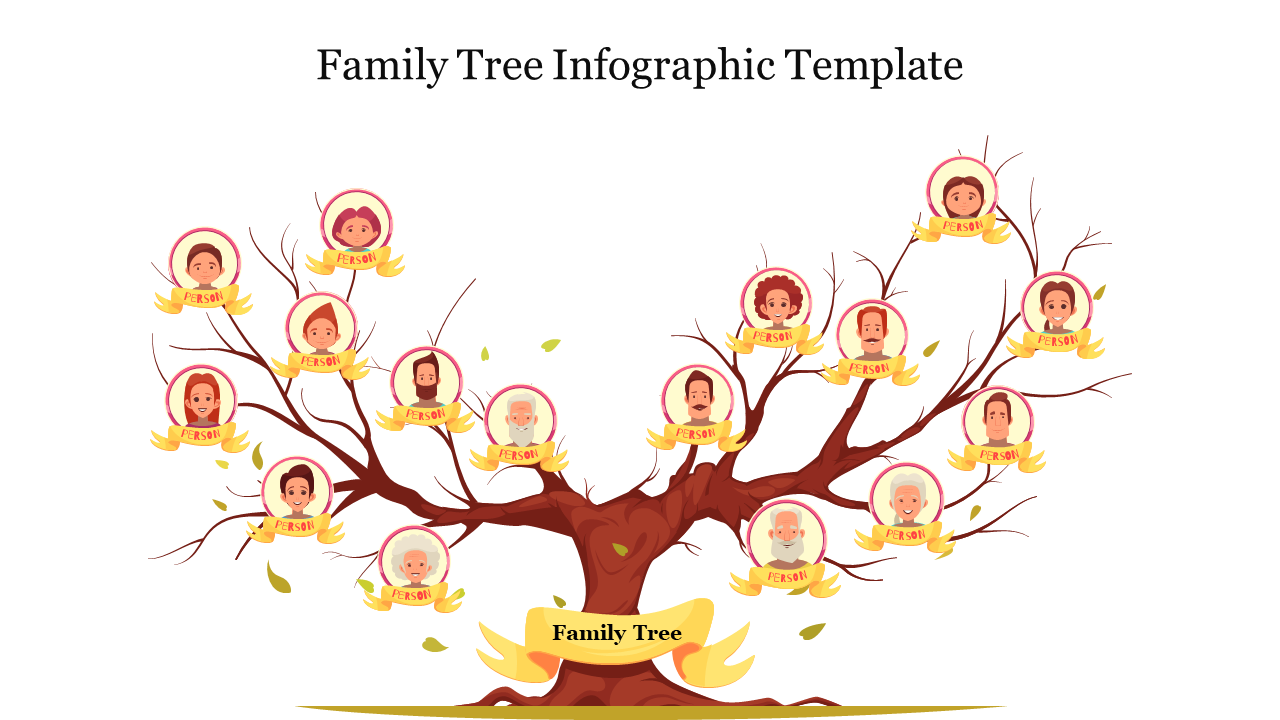 Infographic template displaying a family tree with illustrated characters representing different family members.