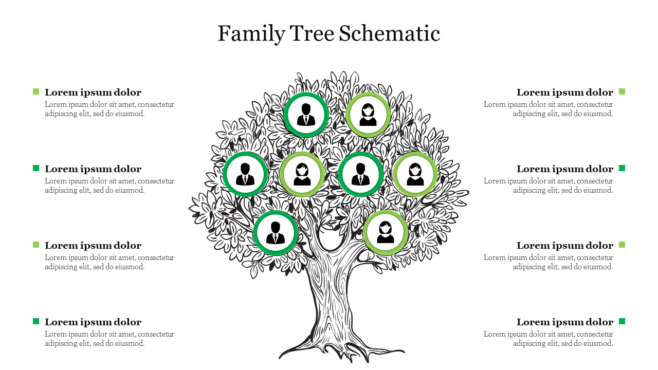 Illustrated family tree schematic with nine circular profile icons arranged on a detailed tree graphic.