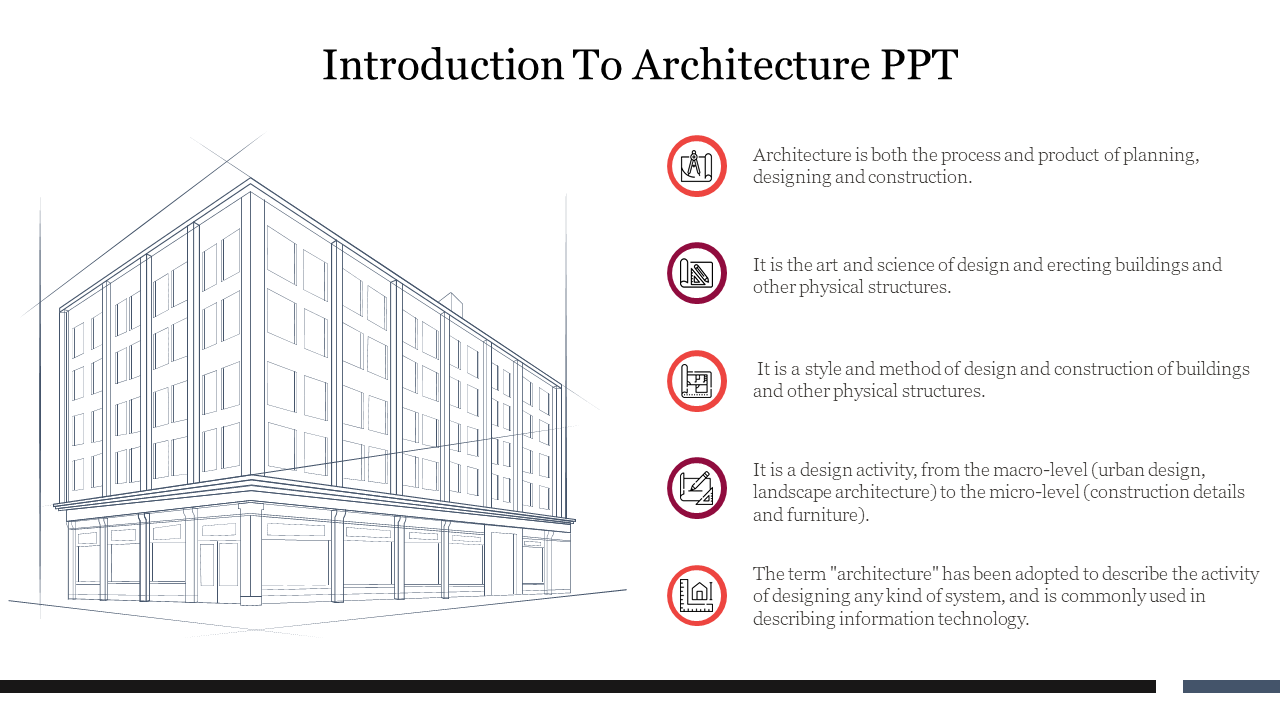 Outline of a building sketch and five red architecture related icons with text in a vertical list on the right.