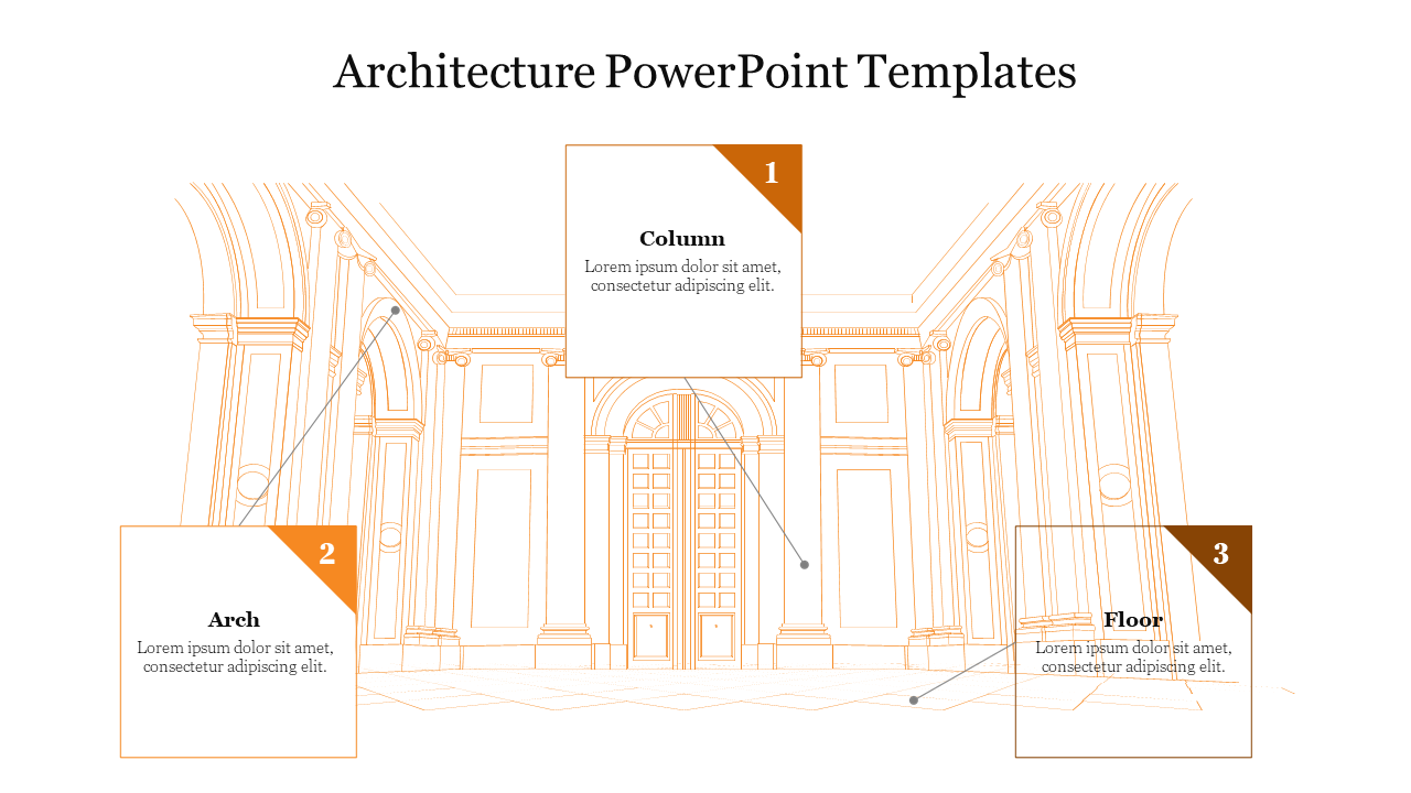 A drawing highlighting three architectural elements arch, column, and floor with a line drawing of a building.