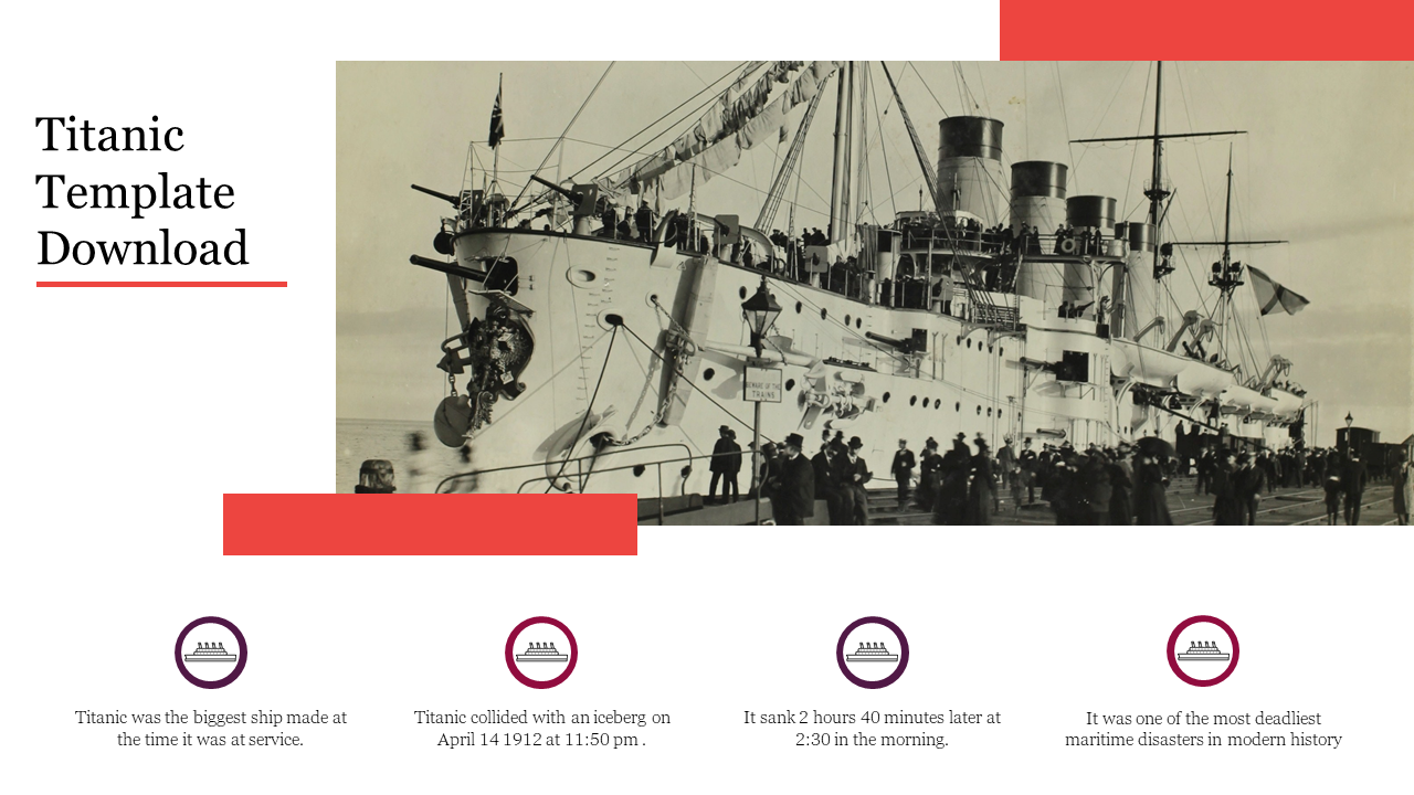 Presentation slide showcasing the Titanic with key information and a vintage photo with icons and text description.