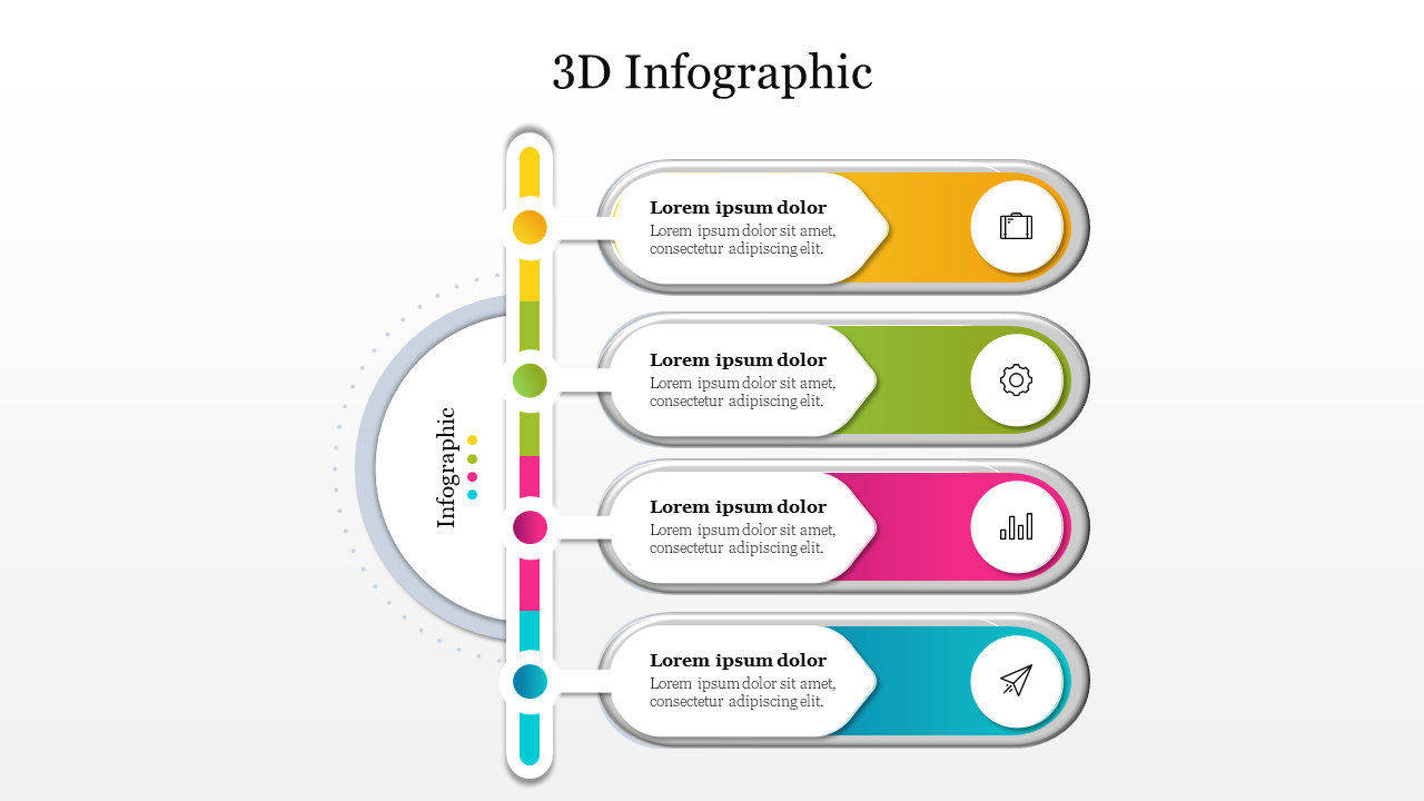 Infographic slide featuring a 3D design with vibrant colors, icons, and placeholder text for various points.