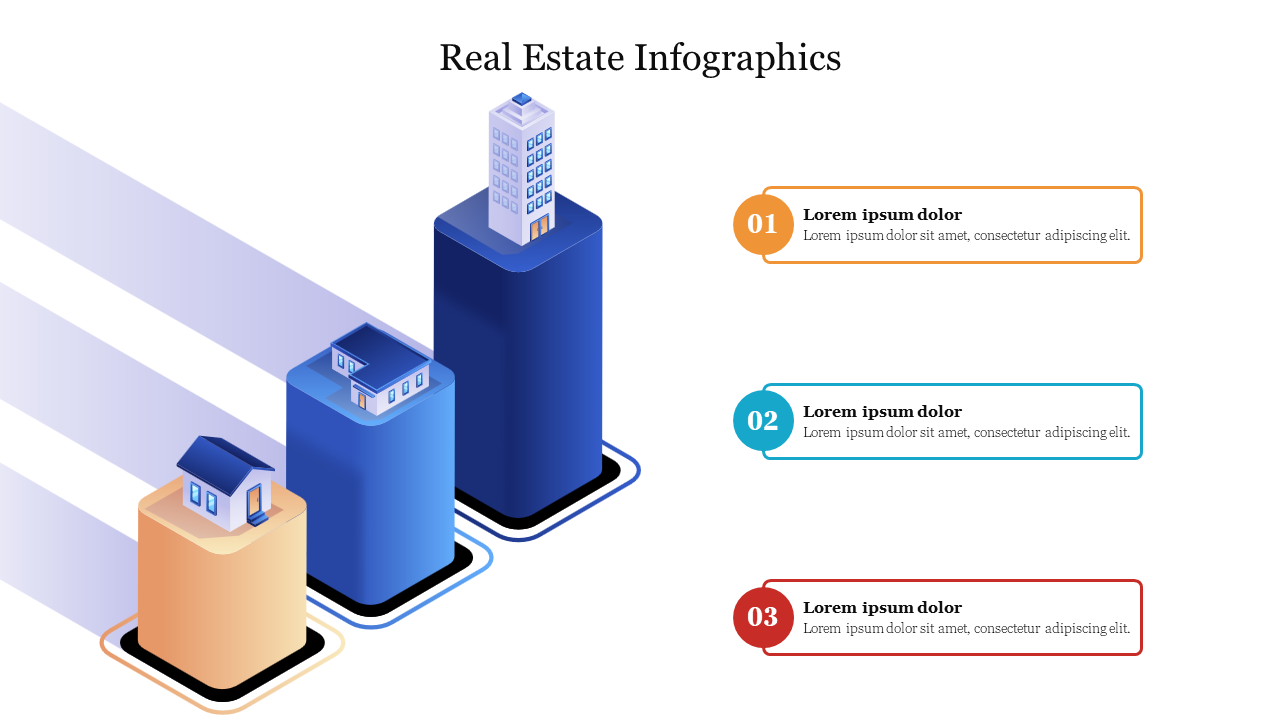 Three buildings on rising platforms in gradient colors with three numbered text boxes in orange, blue, and red on the right.