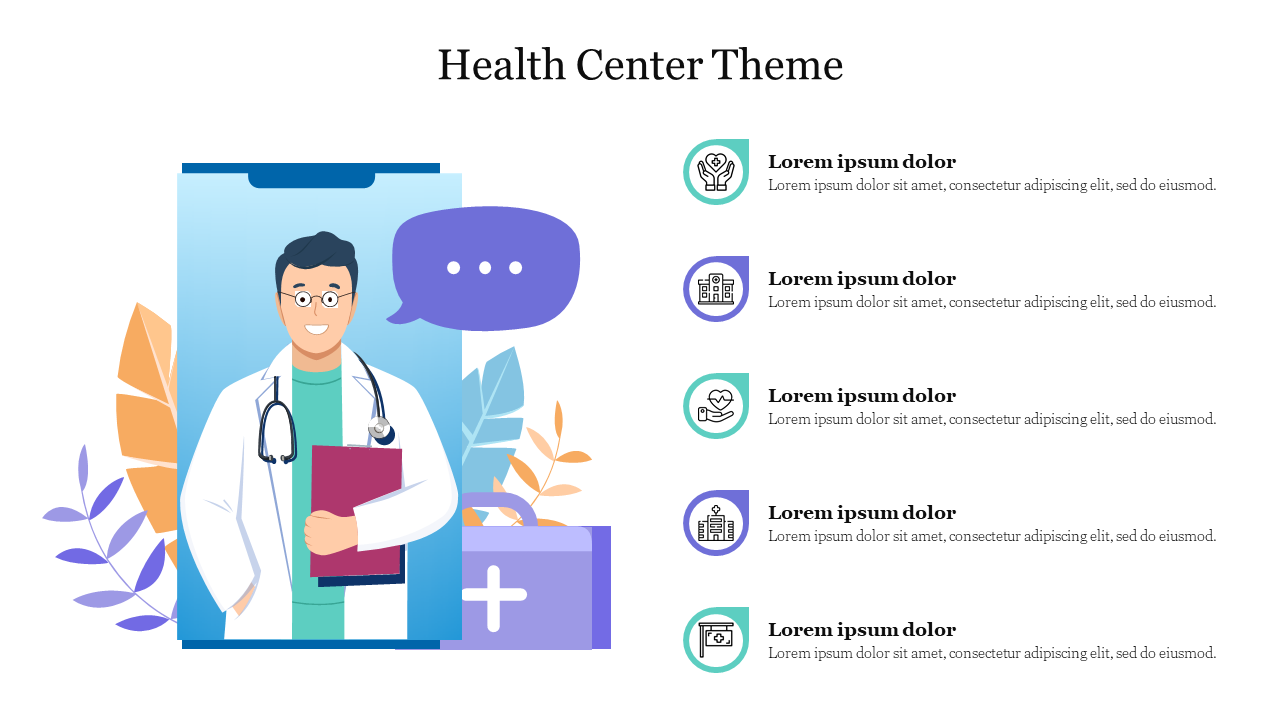 Health center theme slide with a doctor illustration and five icons for healthcare services on the side.