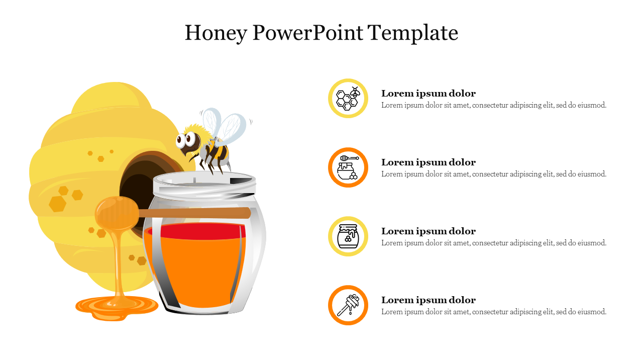 Honey PowerPoint template featuring a beehive, honey jar, and bee illustration with text sections for content.