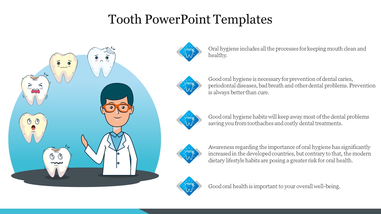 Tooth-themed template featuring a dentist, emotional teeth icons, and five oral hygiene tips with blue icons.