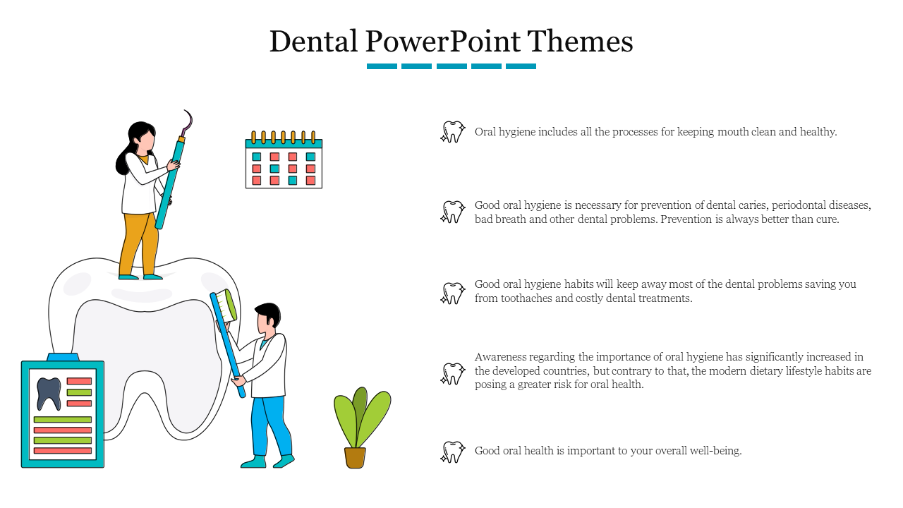 A slide on dental health, showing illustrations of a dentist and a patient, along with key points on hygiene and prevention.