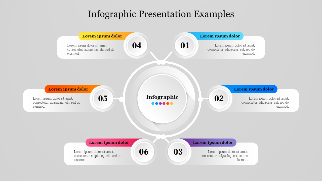 Infographic presentation example slide showing six steps in circular and linear layout with text boxes.