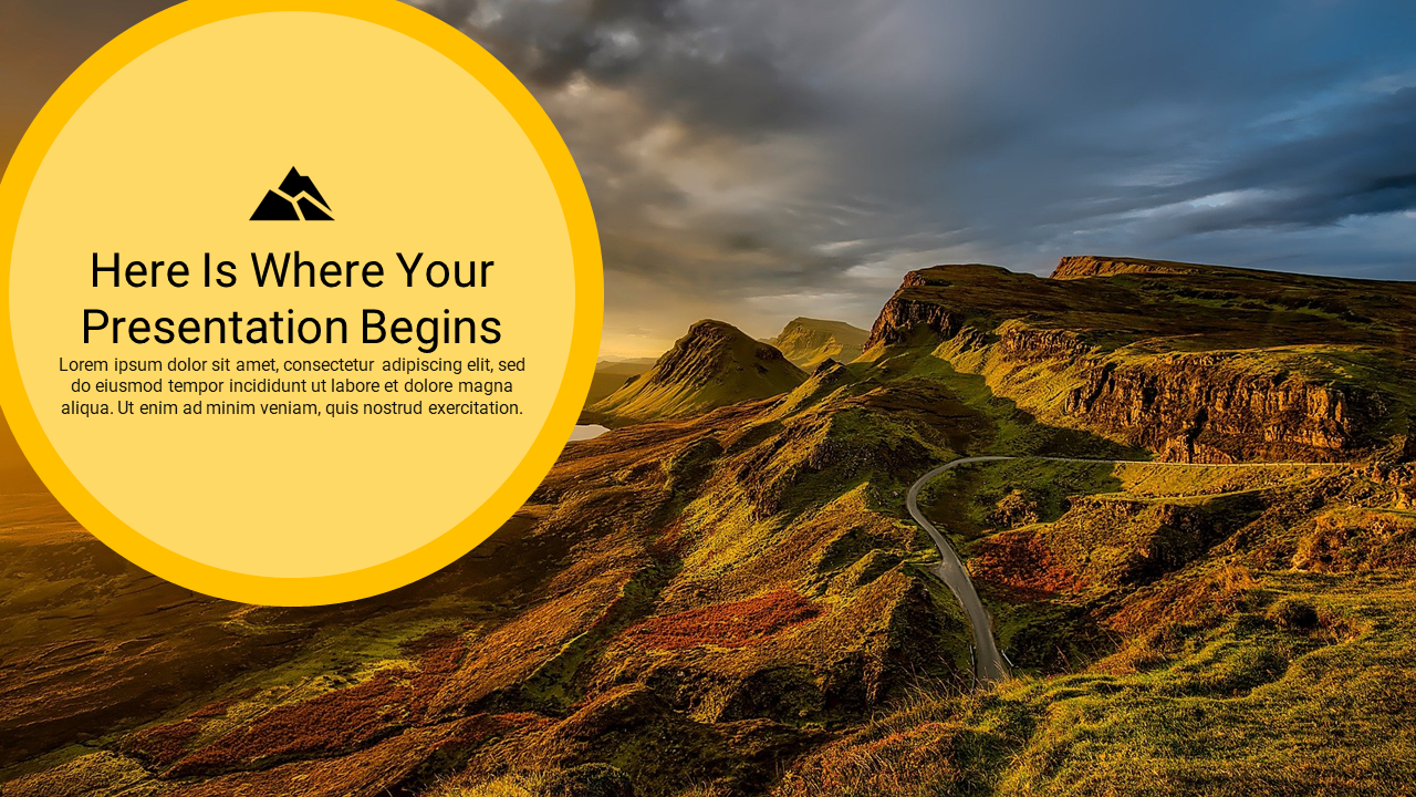 Bright yellow circle on the left overlays a green mountain landscape under a cloudy sky, with a winding road to the right.