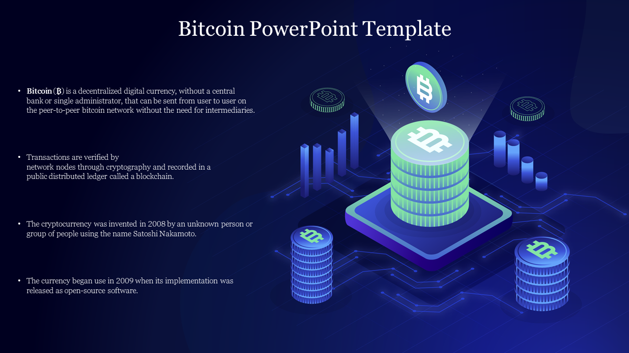 Bitcoin template with digital graphics, blockchain visualization, and a dark blue background.