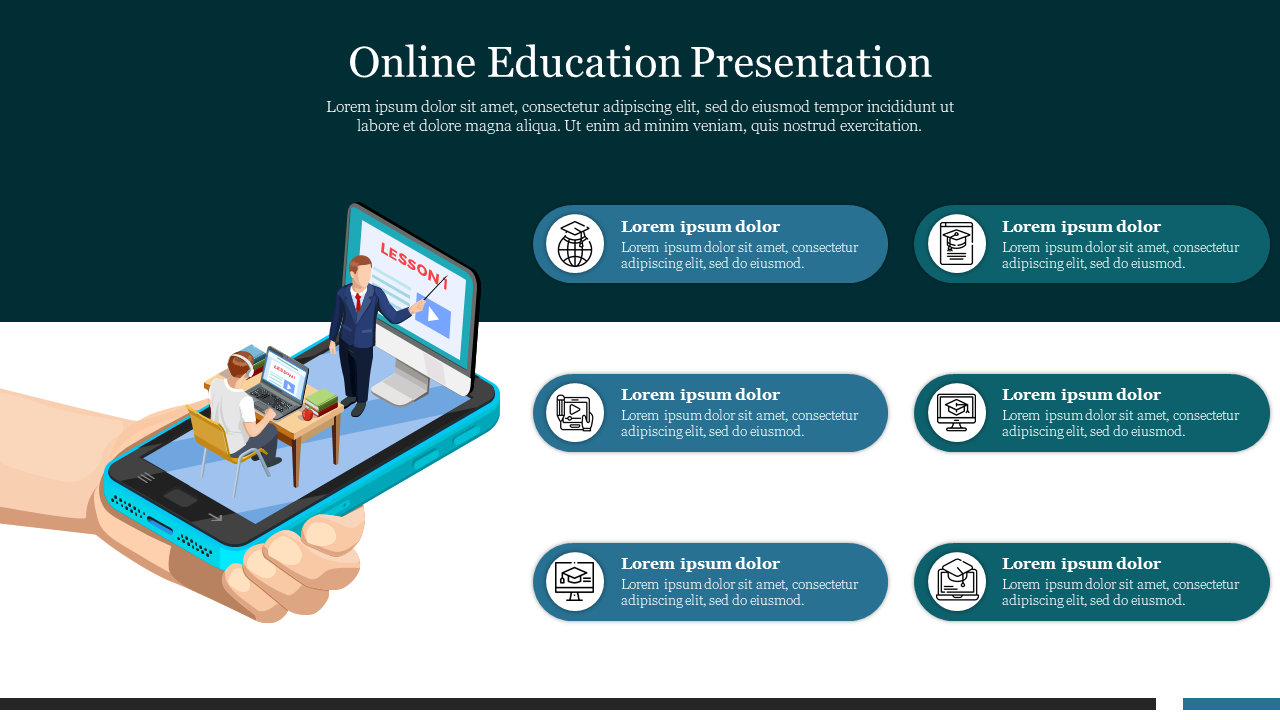 Slide on online education featuring a person teaching on a smartphone screen with icons and placeholder text.