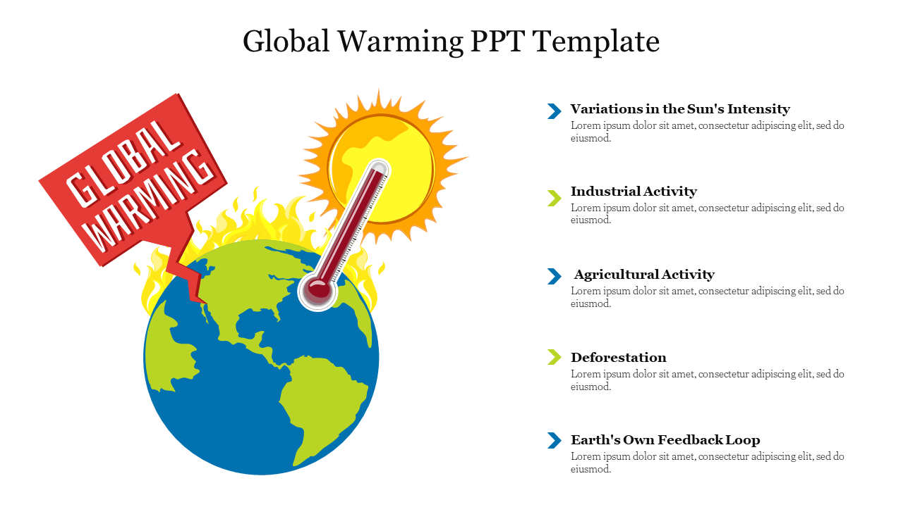 An image of Earth with flames, rising temperatures, and the sun in top with a red bubble and five caption areas.