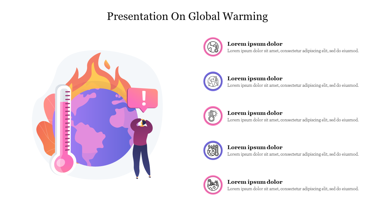 Global warming slide showing Earth on fire, temperature rise icon, and related environmental issue icons.