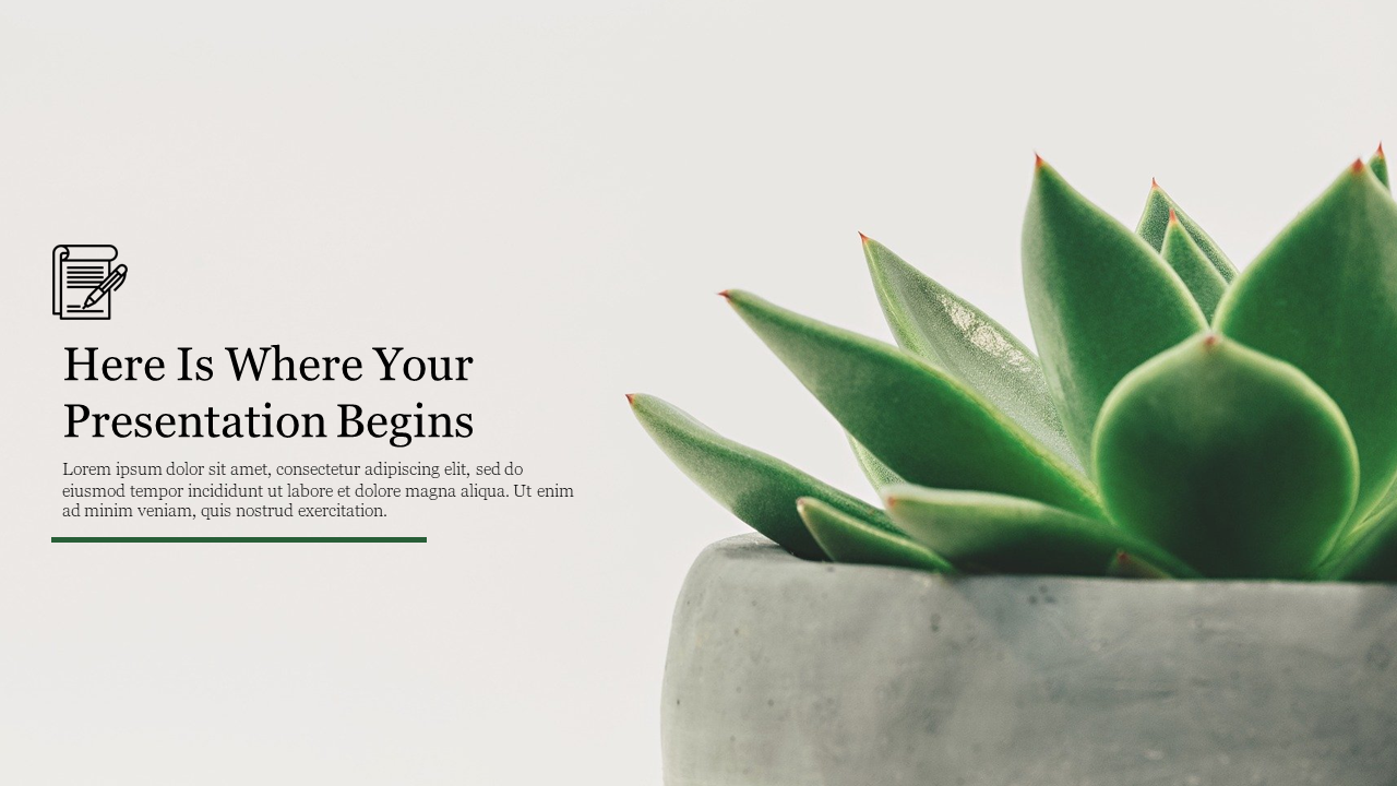 Close-up of a green succulent plant in a gray pot on the right, with text placeholder on the left in white background.