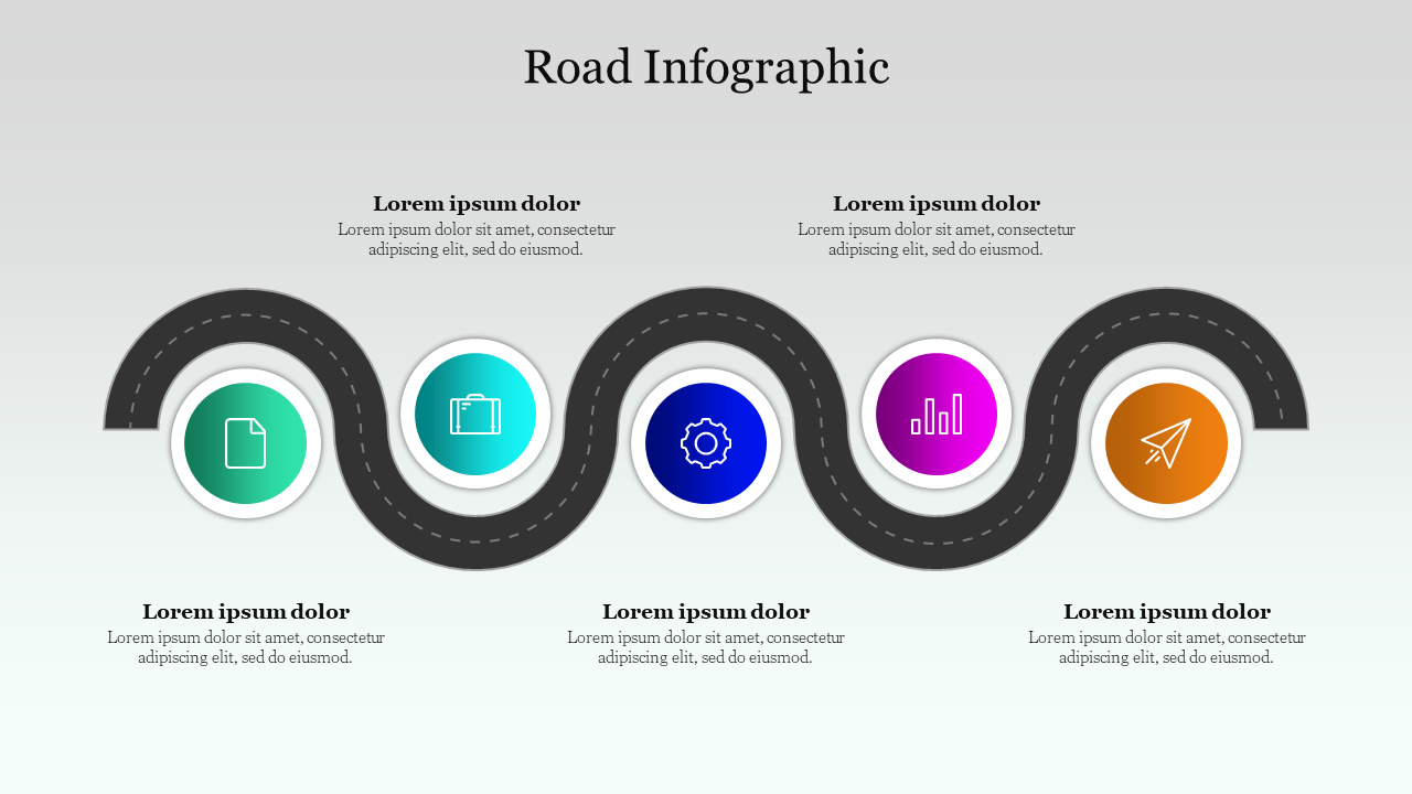 A road infographic slide with circular icons representing steps like documents to communication with placeholder text.