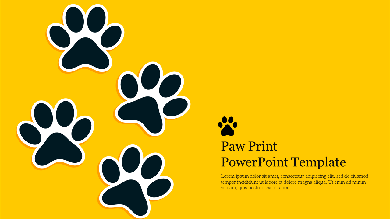 Black paw prints scattered on a bright yellow background, with a text section on the right.