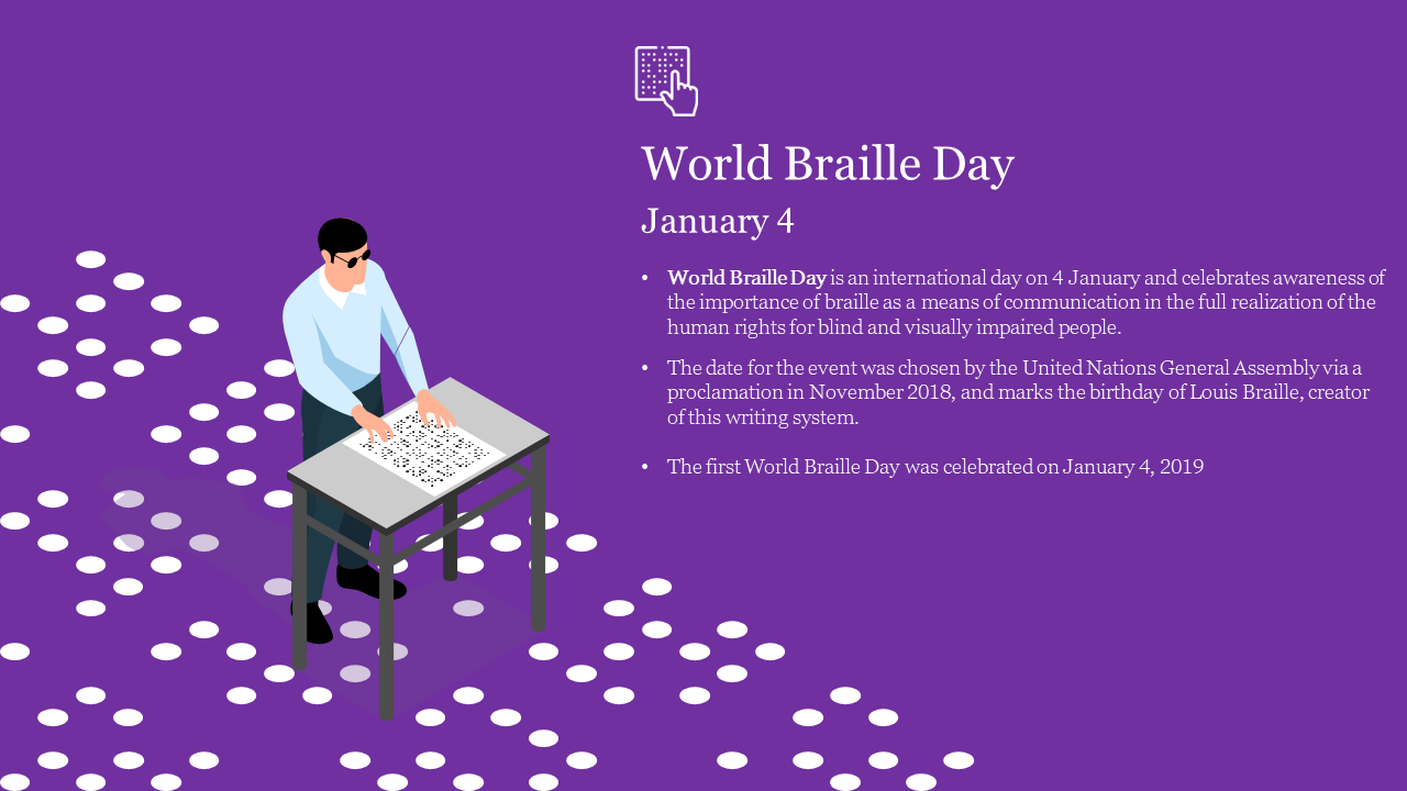 Illustration of a person reading braille at a table with scattered braille dots on the floor, in a purple background.