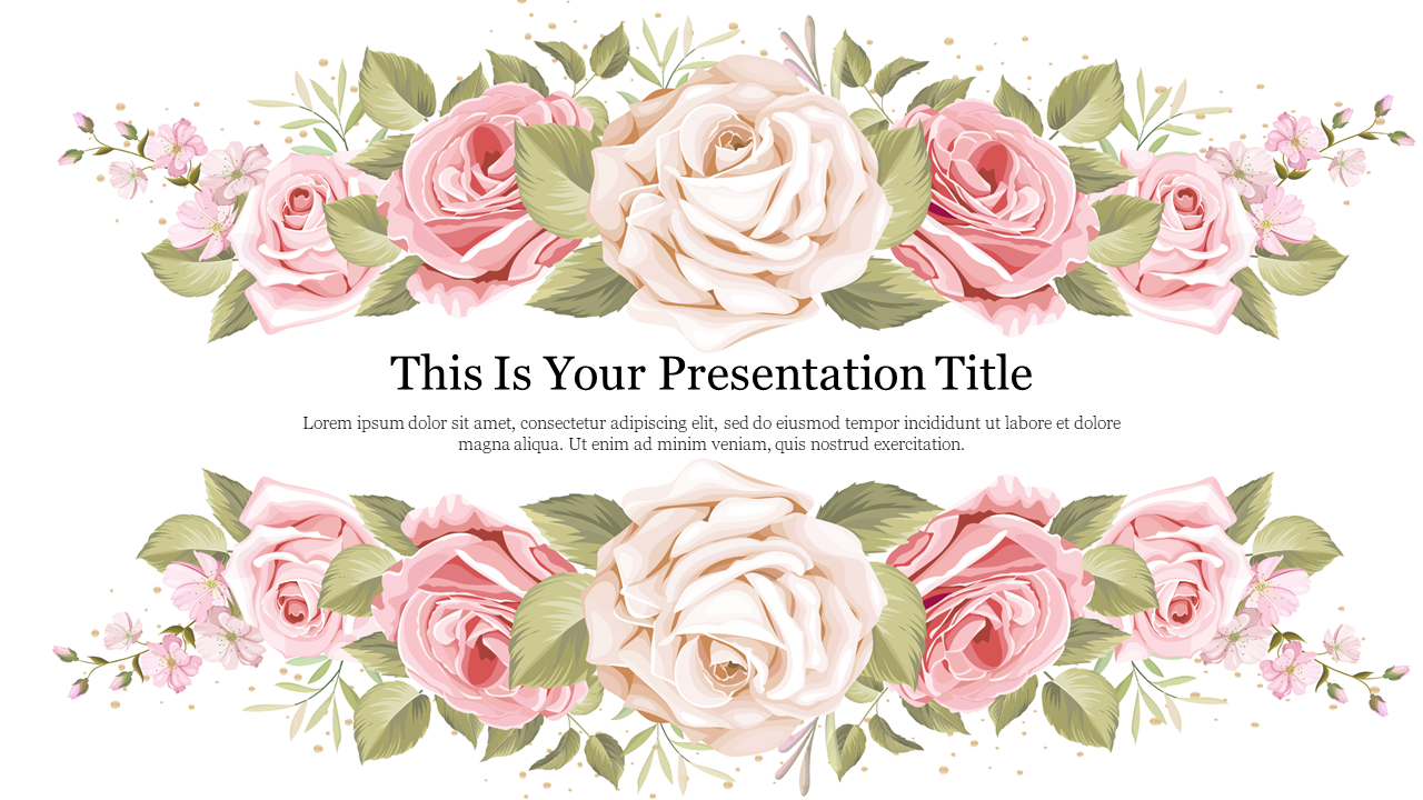 A floral-themed title slide with pink and white roses with green leaves on a beige background and a title text at the center.