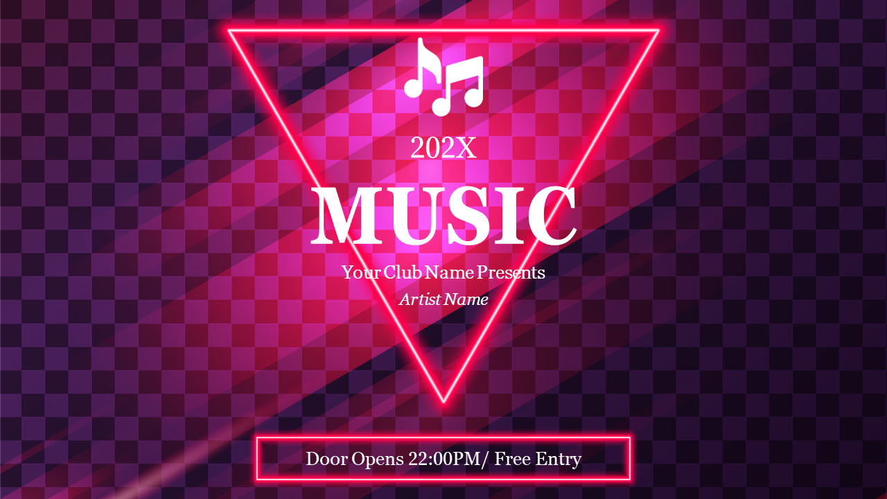 Music themed slide with neon triangle design, musical notes icon, and text for event details.