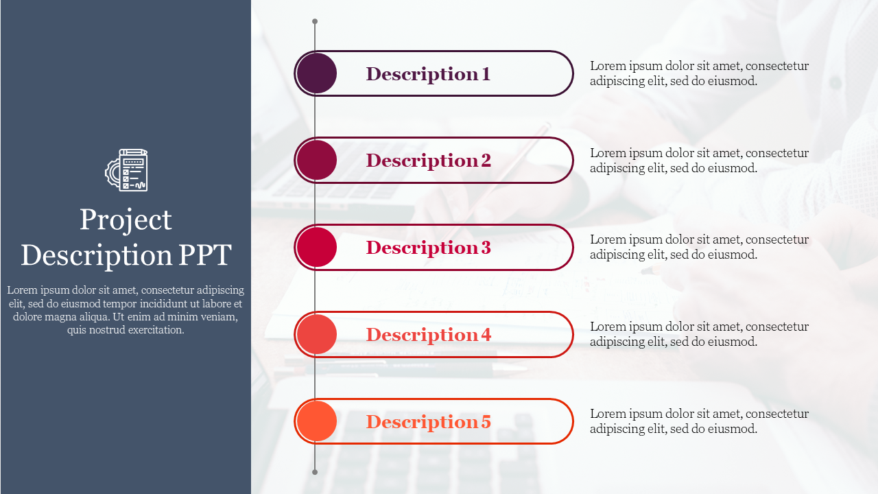 Project description slide with five timeline points and placeholder text, set against a light  blurred background.