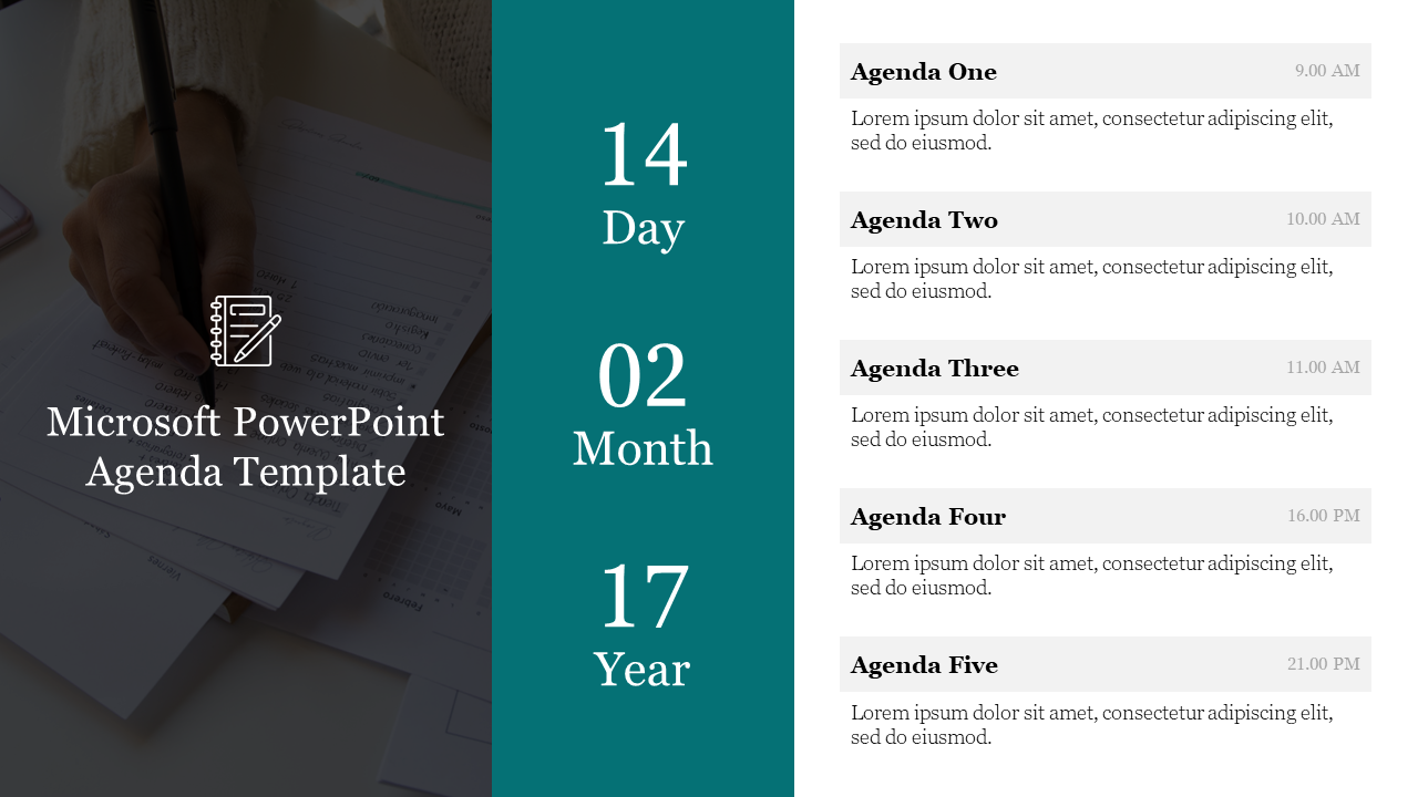 Split layout with a blurred image of hand writing on paper, teal date panel, and a list of five agenda items in white boxes.
