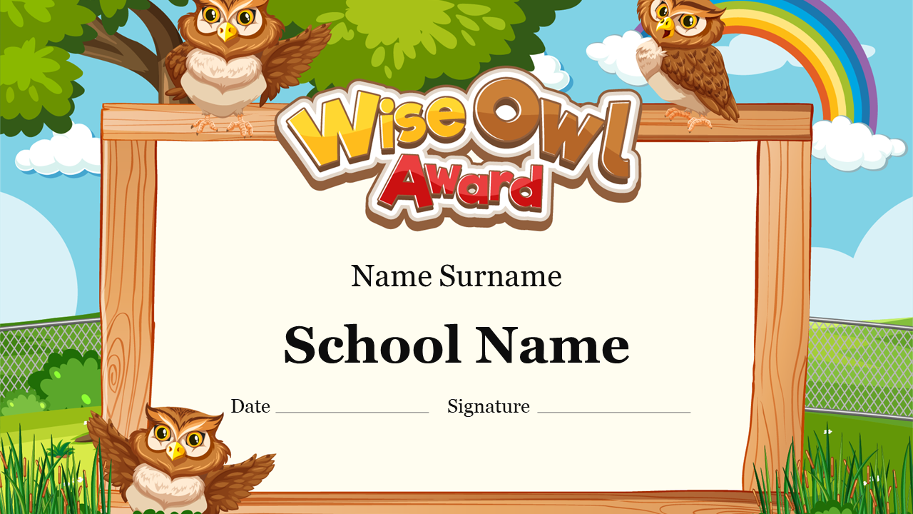 Graduation certificate for the wise owl award in kindergarten with spaces for the details featuring three owls and a rainbow.