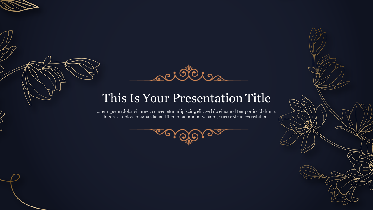 A title slide featuring gold floral designs and orange decorative elements on a navy blue backdrop with text area at center.