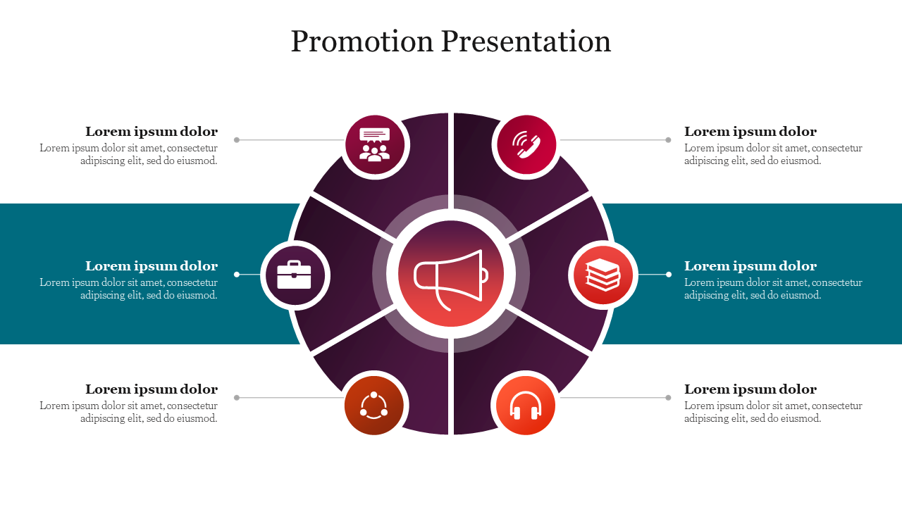 Circular infographic for a promotion presentation, featuring color coded icons each with placeholder text sections.