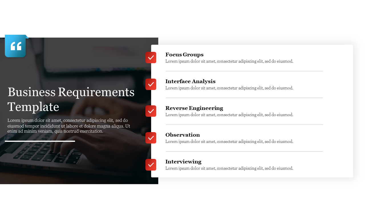 Business requirements slide showcasing five sections with an image of a laptop and placeholder text.